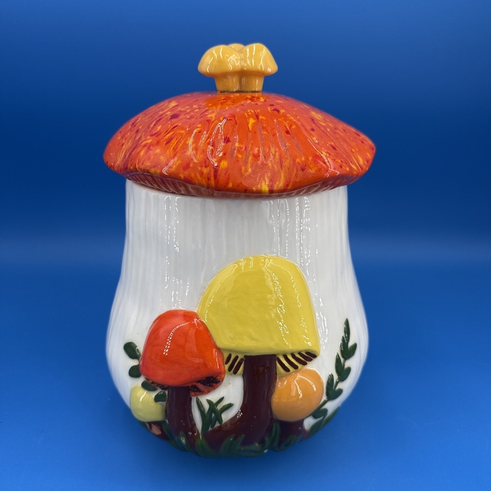 Vintage Arnels Mushroom Canister 10" Cookie‎ Tea Jar Orange Speckled 1970's